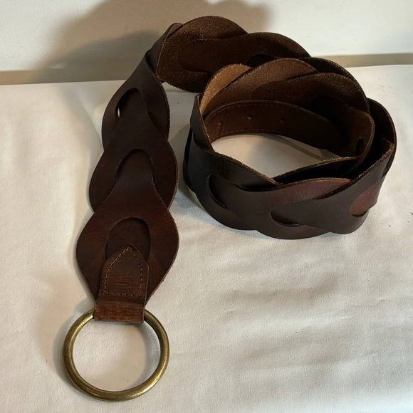 OLD NAVY Sz L-XL Leather Belt J-Hook Closure Intertwined Loops Vintage O-ring - Picture 2 of 5